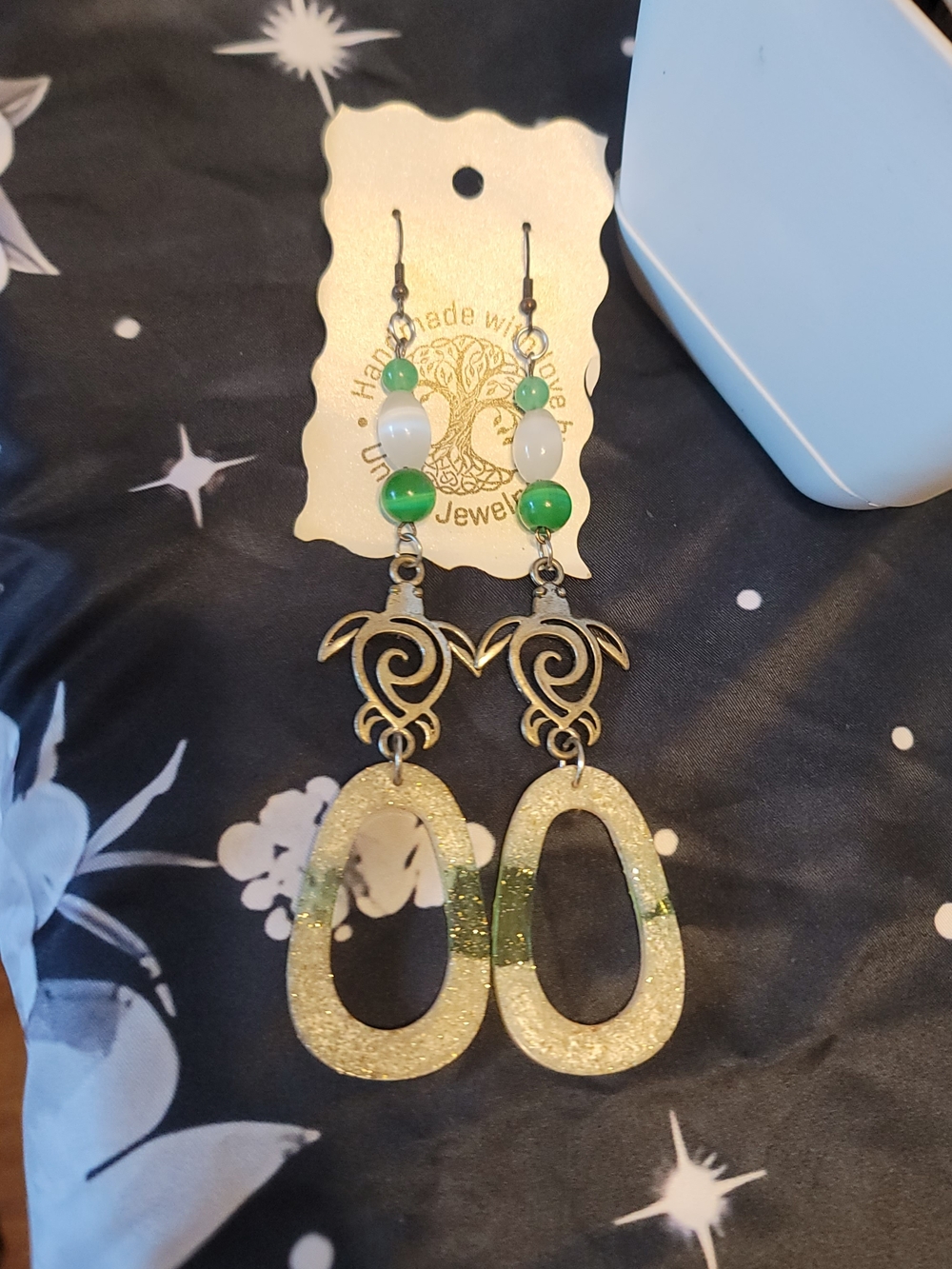 Handmade Green Resin & Metal Turtle Drop Cat Eye Stone Earrings